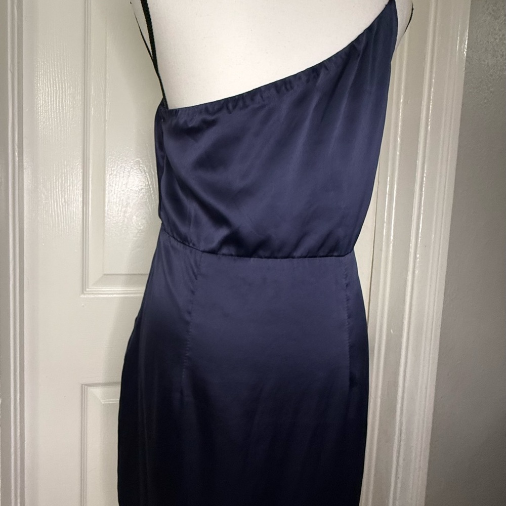 Lulu's Midnight Blue One-Shoulder Cocktail Dress Silky Prom - Picture 6 of 10